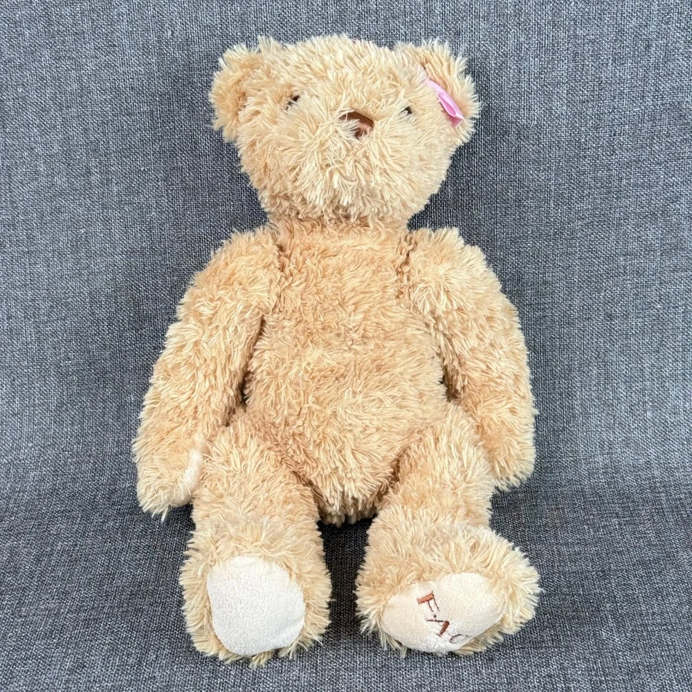 FAO Schwarz Teddy Bear Tan Shaggy Plush Pink Bow Embroidered Paw 15 Inch